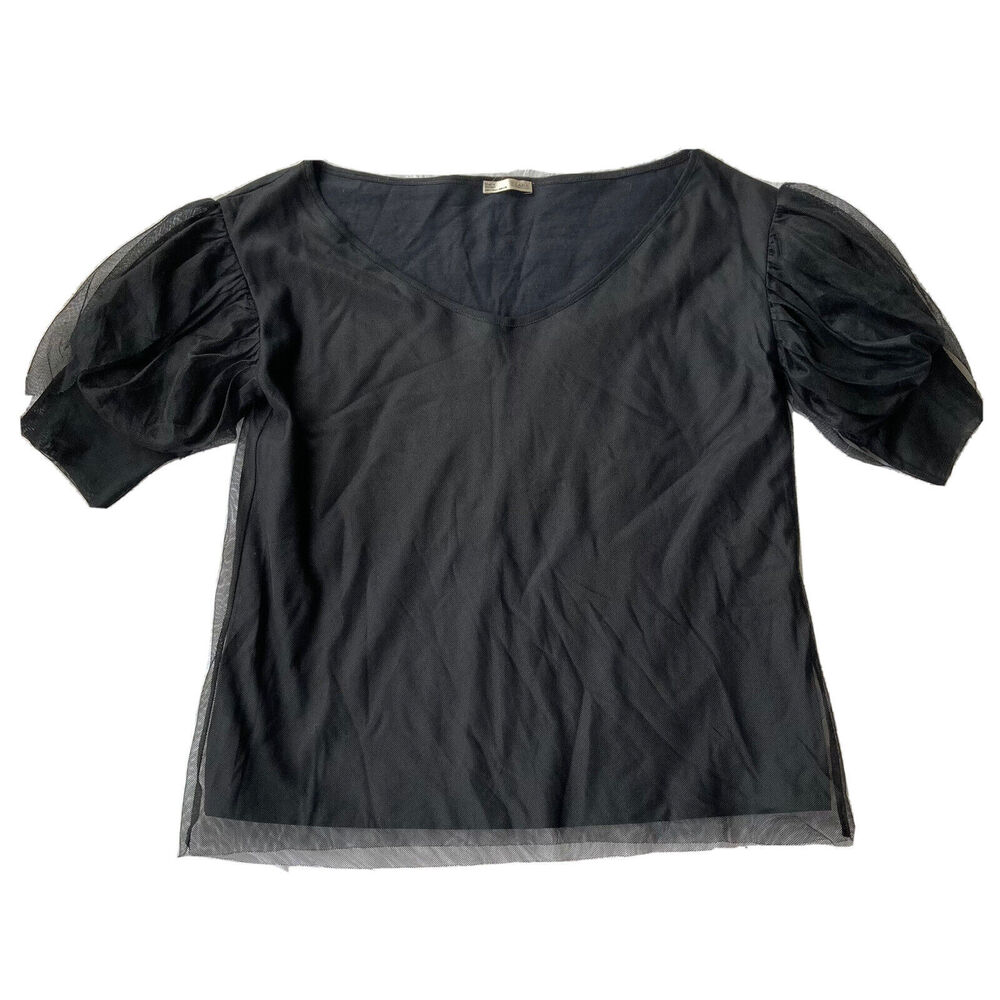 Zara Sz S Blouse Black Tulle Puff Short Sleeve Trendy Teen Casual WB Collection